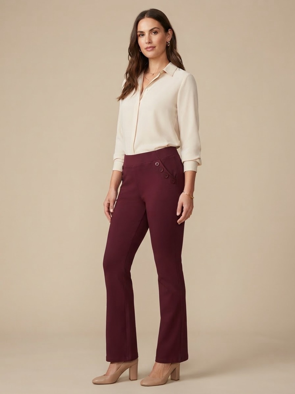 Betabrand Dress Pant Yoga Pants Burgundy Wine Side Buttons Size XL